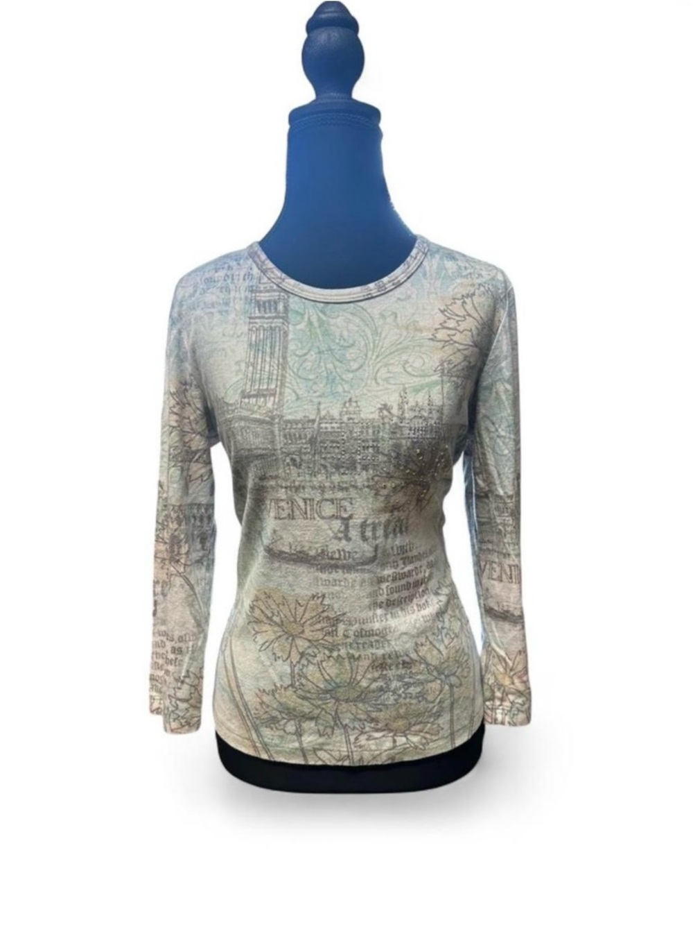 Y2K Venice Italy Graphic Long Sleeve Top Womens Size L Floral Rhinestone Stretch